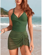 Swimwear One Piece Swim Dress Swimsuit Tummy Control High Waist Slim Backless Vacation Beach Wear Color V Neck Sleeveless Bathing Suits