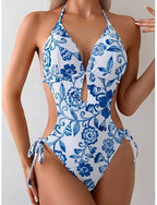Swimwear One Piece Bikini High Waist Swimsuit Ruched Patchwork Vacation Beach Wear Graphic Halter Neck Sleeveless Bathing Suits