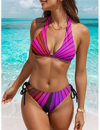 Bikini 2 Piece Swimsuit Cheeky Slim Backless Vacation Beach Wear Graphic Striped V Neck Sleeveless Bathing Suits