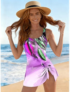 One Piece Swimsuit Skirt Vacation Ombre Graphic U Neck Sleeveless Bathing Suits