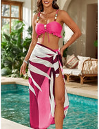 Bikini 3 Piece Swimsuit Palm Skirt Slim Backless Vacation Beach Wear Striped V Neck Sleeveless Bathing Suits