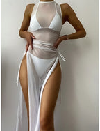 Swimwear Three Piece Swimsuit Ruched Backless Vacation Beach Wear Plain Halter Neck Sleeveless Bathing Suits