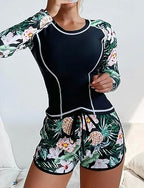 Rash Guard Print Swimsuit 2 Pieces Tropical Uv Protection Elastic Long Sleeve Swimwear Surfing Beach Vacation Summer