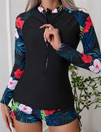 Rash Guard Swimsuit Patchwork Printed 2 Piece Front Zip Quick Dry Lightweight Breathable Long Sleeve Swimwear Swimsuit Surfing Beach Water Sports Summer