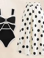 One Piece Swimsuit Monokini Skirt Tummy Control High Waist Slim Backless Vacation Beach Wear Polka Dot V Neck Sleeveless Bathing Suits