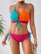 Standard Surfing Tankinis & Bikinis Bikini Sets Bathing Suit Color-blocking Drawstring Open Back Shirred Uv Protection Elastic Sleeveless Swimwear Surfing Diving Swimming Summer