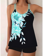 Tankini 2 Piece Swimsuit Boy Leg Tummy Control High Waist Slim Backless Vacation Beach Wear Geometric Scoop Neck Sleeveless Bathing Suits