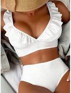 Swimwear Bikini 2 Piece Briefs Swimsuit Ruffle Slim Backless Vacation Beach Wear Striped V Neck Sleeveless Bathing Suits