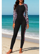 Rash Guard Full Body Rash Guard One Piece Surfing Suit Tropical Color-blocking Zip Up With Built in Bra Front Zip Uv Sun Protection Full Coverage Upf50+ Long Sleeve Full Body Swimwear