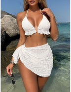 Bikini 3 Piece Swimsuit Underwire Skirt Slim Backless Vacation Beach Wear Color Halter Neck Sleeveless Bathing Suits