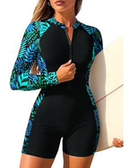 Regular Rash Guard One Piece Surfing Suit Bathing Suit Tropical Color-blocking Zip Up With Built in Bra Removable Pad Uv Sun Protection Upf50+ Ultra Light (ul) Long Sleeve Swimwear