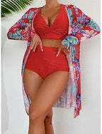 Bikini 3 Piece Swimsuit Palm Shorts Slim Backless Vacation Beach Wear Leaves V Neck Sleeveless Bathing Suits