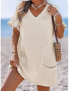 Swimwear Cover Up Swim Dress Dress Swimsuit Patchwork Pocket Vacation Beach Wear Plain V Neck Short Sleeves Bathing Suits