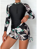 Swimwear Tankini 2 Piece Shorts Swimsuit Tummy Control High Waist Slim Backless Vacation Beach Wear High Neck Long Sleeve Bathing Suits