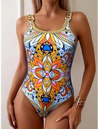 One Piece Swimsuit Slimming Monokini Tummy Control High Waist Slim Backless Vacation Graphic Geometic U Neck Sleeveless Bathing Suits