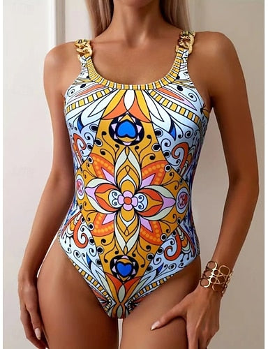 One Piece Swimsuit Slimming Monokini Tummy Control High Waist Slim Backless Vacation Graphic Geometic U Neck Sleeveless Bathing Suits