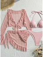 Swimwear Bikini Three Piece Cheeky Swimsuit Slim Backless Vacation Beach Wear Color Halter Neck Sleeveless Long Sleeve Bathing Suits