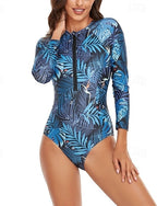 Rash Guard One Piece Swimsuit Patchwork Printed Front Zip Quick Dry Lightweight Breathable Long Sleeve Bodysuit Bathing Suit Surfing Beach Water Sports Summer