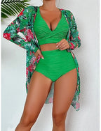 Bikini 3 Piece Swimsuit Palm Shorts Slim Backless Vacation Beach Wear Leaves V Neck Sleeveless Bathing Suits