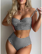 Bikini 2 Piece Swimsuit Underwire Cheeky Slim Backless Vacation Beach Wear Plaid Halter Neck Sleeveless Bathing Suits