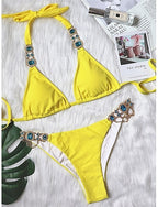 Bikini 2 Piece Swimsuit Thong Slim Backless Vacation Beach Wear Color Halter Neck Sleeveless Bathing Suits