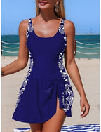 Swimwear One Piece Swim Dress Swimsuit Tummy Control High Waist Slim Backless Vacation Beach Wear Leopard Stripe Scoop Neck Sleeveless Bathing Suits