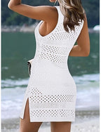 Cover Up Swimsuit Dress Cut Out Knit Vacation Beach Wear Color V Neck Sleeveless Bathing Suits