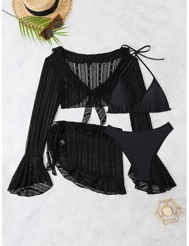 Bikini Swimsuit Skirt Slim Backless Vacation Beach Wear Color V Neck Sleeveless Long Sleeve Bathing Suits