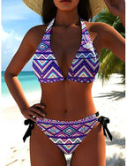 Bikini 2 Piece Swimsuit Cheeky Slim Backless Vacation Geometric V Neck Sleeveless Bathing Suits