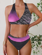 Swimwear 2 Piece Skirt Swimsuit Backless Vacation Beach Wear Stripe Striped V Neck Sleeveless Bathing Suits