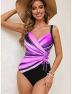 One Piece Swimsuit Slimming Ruched Briefs Vacation Graphic Geometic V Neck Sleeveless Bathing Suits