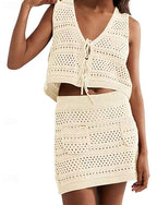 Swimwear 2 Piece Skirt Swimsuit Cut Out Knitted Vacation Beach Wear Plain V Neck Sleeveless Bathing Suits