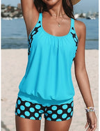 Tankini 2 Piece Swimsuit High Waist Active Vacation Polka Dot Scoop Neck Sleeveless Bathing Suits