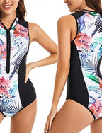 Rash Guard One Piece Swimsuit Printed Front Zip Uv Sun Protection Upf50+ Quick Dry Sleeveless Swimwear Bathing Suit Surfing Beach Water Sports Summer