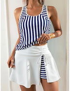 Swimwear Tankini 2 Piece Skirt Swimsuit Tummy Control High Waist Slim Backless Vacation Beach Wear Striped U Neck Sleeveless Bathing Suits