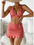 Bikini 3 Piece Swimsuit With Skirt Skirt Slim Backless Vacation Beach Wear Halter Neck Sleeveless Bathing Suits