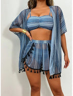 Swimwear Bikini Three Piece Shorts Swimsuit Slim Backless Vacation Beach Wear Striped Halter Neck Sleeveless Bathing Suits