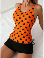 Swimwear Tankini 2 Piece High Waist Swimsuit Tummy Control High Waist Slim Backless Vacation Beach Wear Polka Dot U Neck Sleeveless Bathing Suits