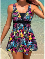 Tankini 2 Piece Swimsuit With Skirt Palm Dress Backless Vacation Beach Wear Graphic Tropical V Neck Sleeveless Bathing Suits