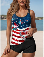 Independence Day Patriotic Swimsuits Tankini 2 Piece Boy Leg Swimsuit Backless Vacation Beach Wear Flag U Neck Sleeveless Bathing Suits