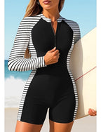 Rash Guard One Piece Surfing Suit Bathing Suit Geometric Stripes Color-blocking Zip Up With Built in Bra Removable Pad Uv Sun Protection Upf50+ Ultra Light (ul) Long Sleeve Swimwear Sun Shirt