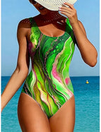 Swimwear One Piece High Cut Swimsuit Beach Wear Summer Graphic Geometic U Neck Sleeveless Bathing Suits
