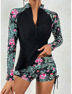 Swimwear Tankini 2 Piece Shorts Swimsuit Tummy Control High Waist Slim Vacation Beach Wear High Neck Long Sleeve Bathing Suits