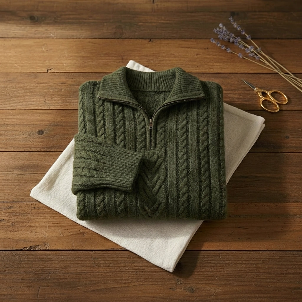 Olive Green Cable Knit Quarter Zip Collar Pullover Sweater