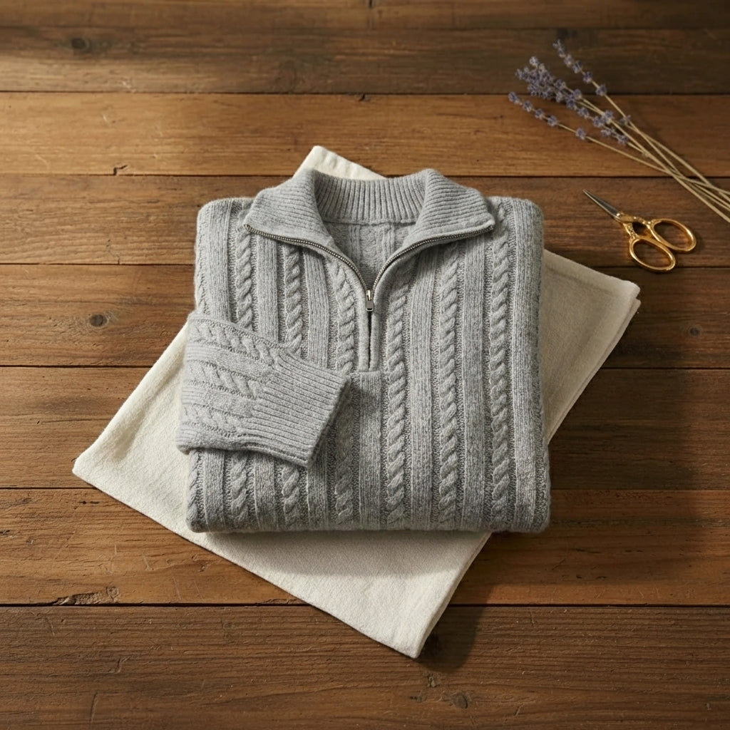 Heather Grey Cable Knit Quarter Zip Collar Pullover Sweater