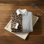 Leopard & Grey Colorblock Split Crew Neck Knit Sweater