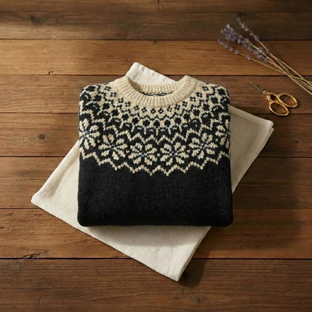 Black & Cream Leopard Fair Isle Yoke Crew Neck Knit Sweater