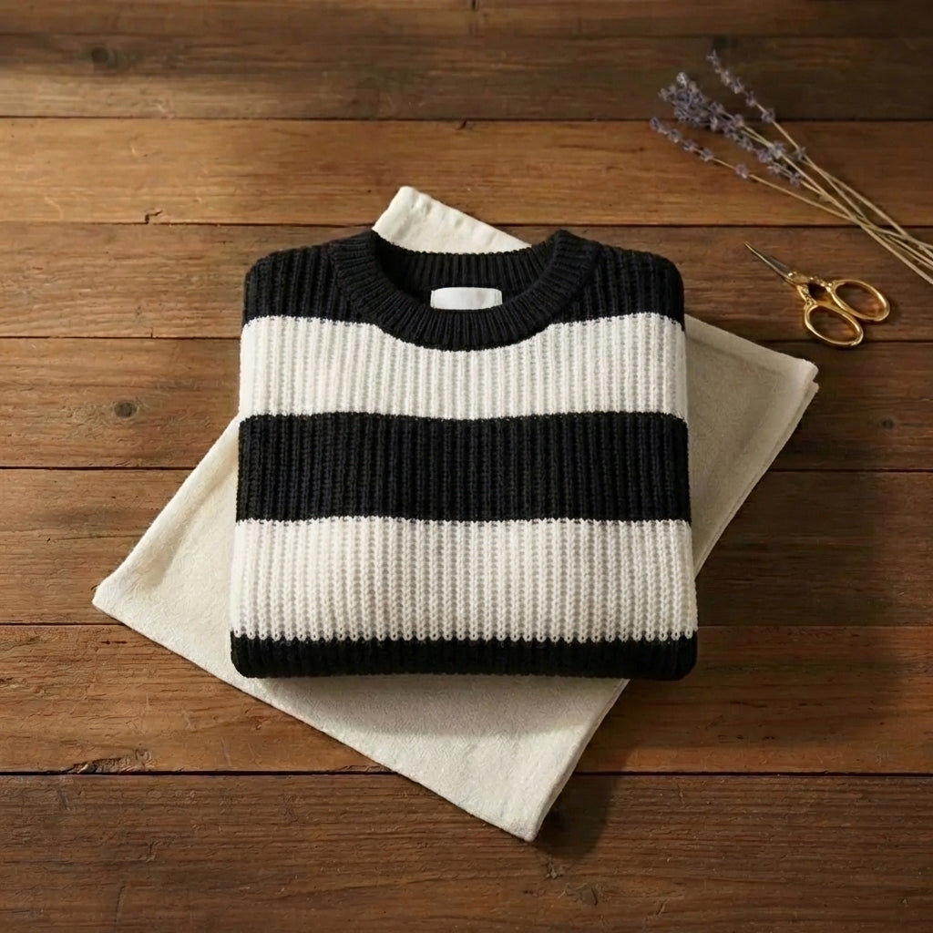 Black & White Wide Stripe Balloon Sleeve Crew Neck Sweater