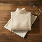 Cream Diamond Texture Ribbed Turtleneck Knit Sweater