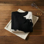 Black & White Colorblock Distressed Edge Crew Neck Sweater